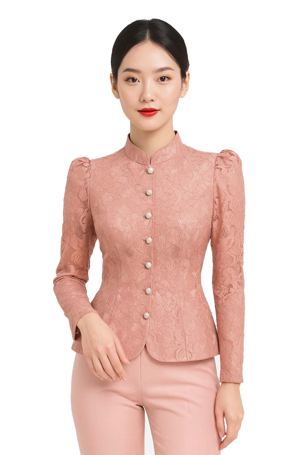 Siam Regal's Ladies Thai Silk Lace Blouse White Pear Button