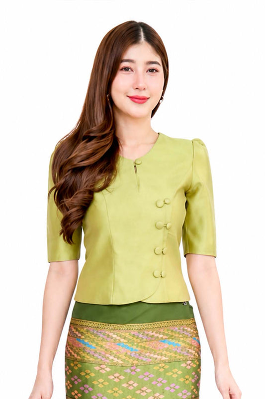 Green Thai Traditional Women's Silk Style Blouse and Long Sarong Skirt Set – Elegant Thai Formal Outfit, Traditional Thai Dress, Wedding Guest, Temple Wear, Cultural Ceremony Attire, Thai National Costume
