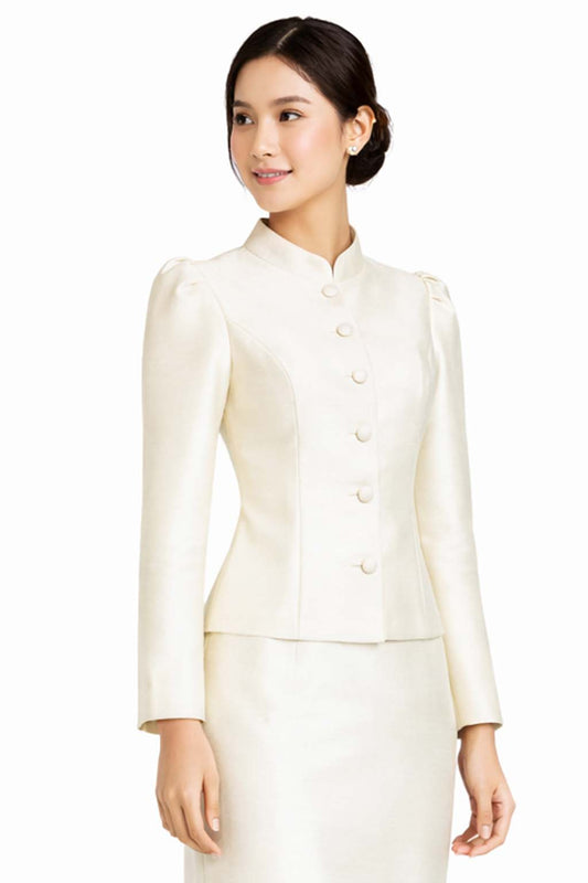 Ladies Ivory White Elegant Thai Silk 2 Piece Outfit - Fitted Blouse & Skirt Formal Wedding Attire