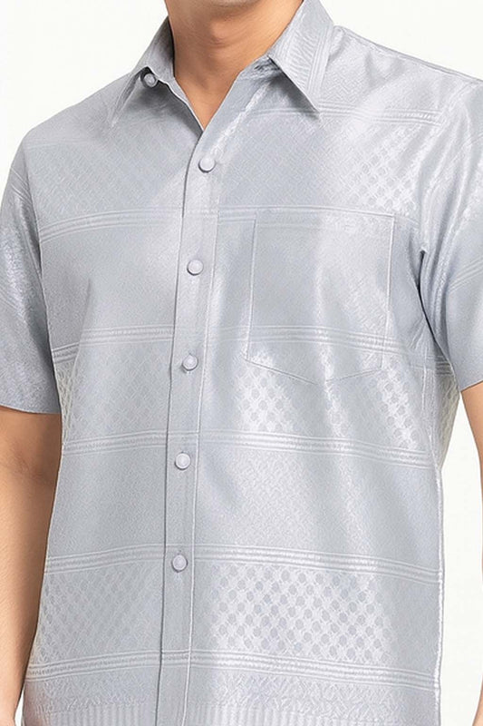 Siam Regal's Men's Ancient Silver Silk Shirt Short Sleeve