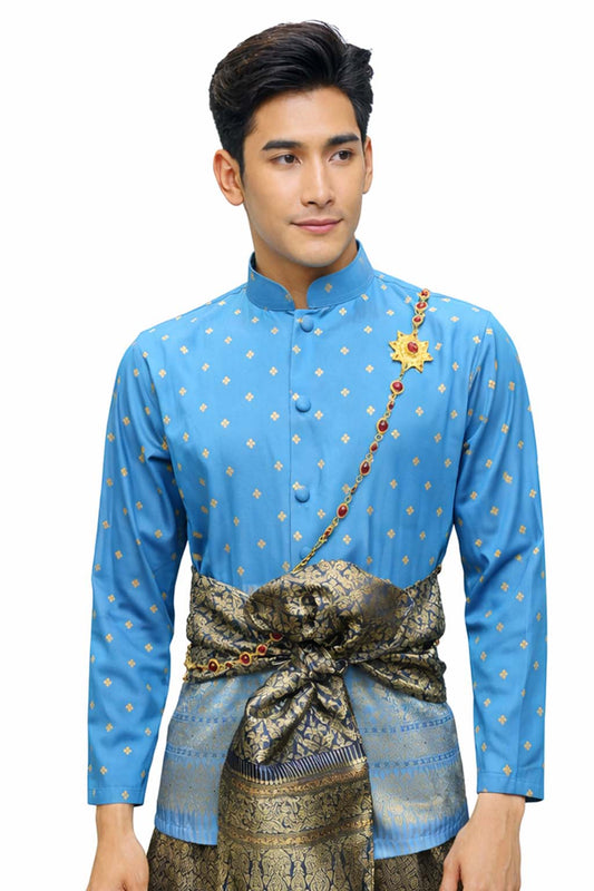 Thai Wedding Outfit For Men "Chut Thai" Sky Blue Silk Attire Traditional Formal Wear | Siam Regal