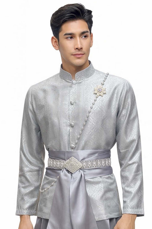Thai Wedding Outfit For Men "Chut Thai" Silver Silk Attire Traditional Formal Wear | Siam Regal