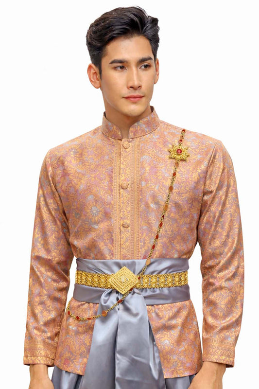 Menβs Traditional Thai Outfit β Pink & Grey 3 Piece Silk Wedding Set | Siam Regal πΉπ