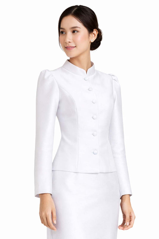 SIAM REGAL Ladies Pure White Elegant Thai Silk 2 Piece Outfit - Fitted Blouse & Skirt Formal Wedding Attire