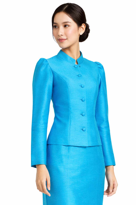 SIAM REGAL Ladies Sky Blue Elegant Thai Silk 2 Piece Outfit - Fitted Blouse & Skirt Formal Wedding Attire