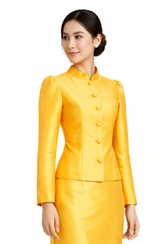 Ladies Dark Yellow Elegant Thai Silk 2 Piece Outfit - Fitted Blouse & Skirt Formal Wedding Attire (Copy)