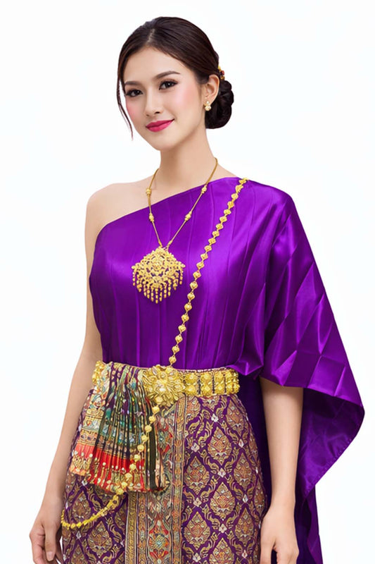 Ladies Purple Traditional Thai Outfit - 2 Piece Dress Set Sarong & Sash Wedding Formal Attire