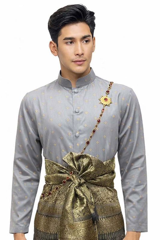 Thai Wedding Outfit For Men "Chut Thai" Dark Grey Silk Attire Traditional Formal Wear | Siam Regal