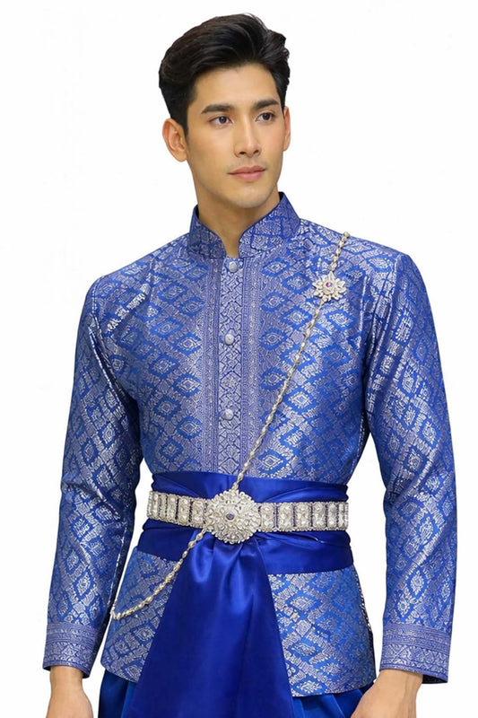 Thai Wedding Outfit For Men "Chut Thai" Blue Silk Attire Traditional Formal Wear | Siam Regal