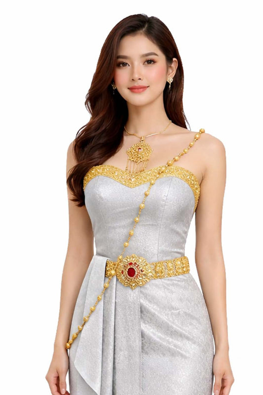 Thai Silk Wedding Dress – Light Gray Modern Thai Formal Outfit | Siam Regal