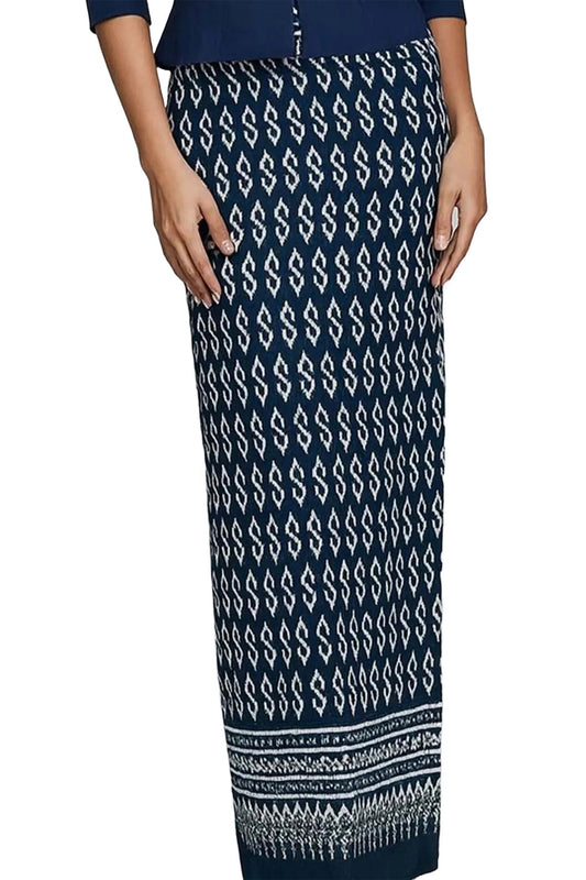 Elegant Blue Blouse & Traditional Thai Sarong Cotton Set – Women’s Formal Outfit, Asian Ethnic Wear, Handmade Ikat Skirt, Cultural Clothing