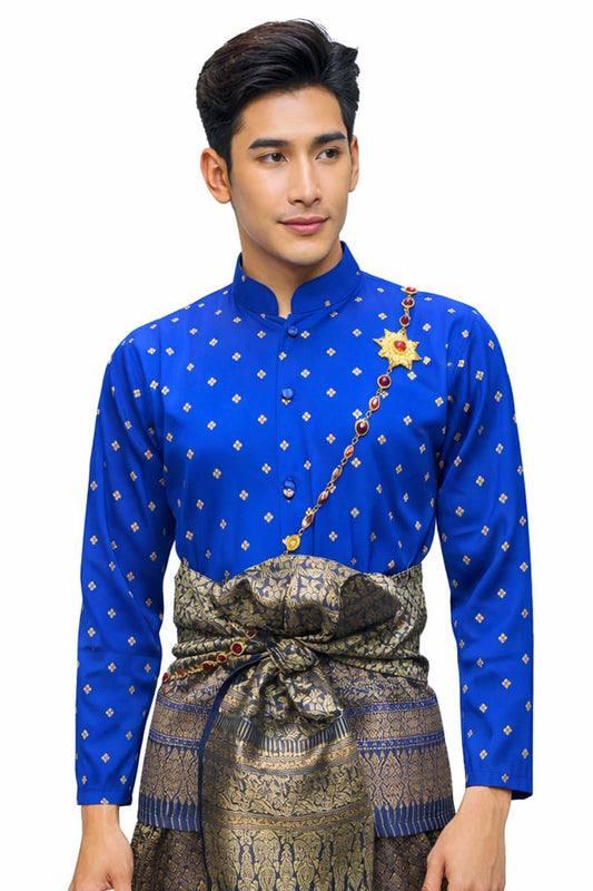 Thai Wedding Outfit For Men "Chut Thai" Blue Silk Attire Traditional Formal Wear | Siam Regal