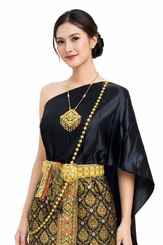 Ladies Black Traditional Thai Outfit - 2 Piece Dress Set Sarong & Sash Wedding Formal Attire