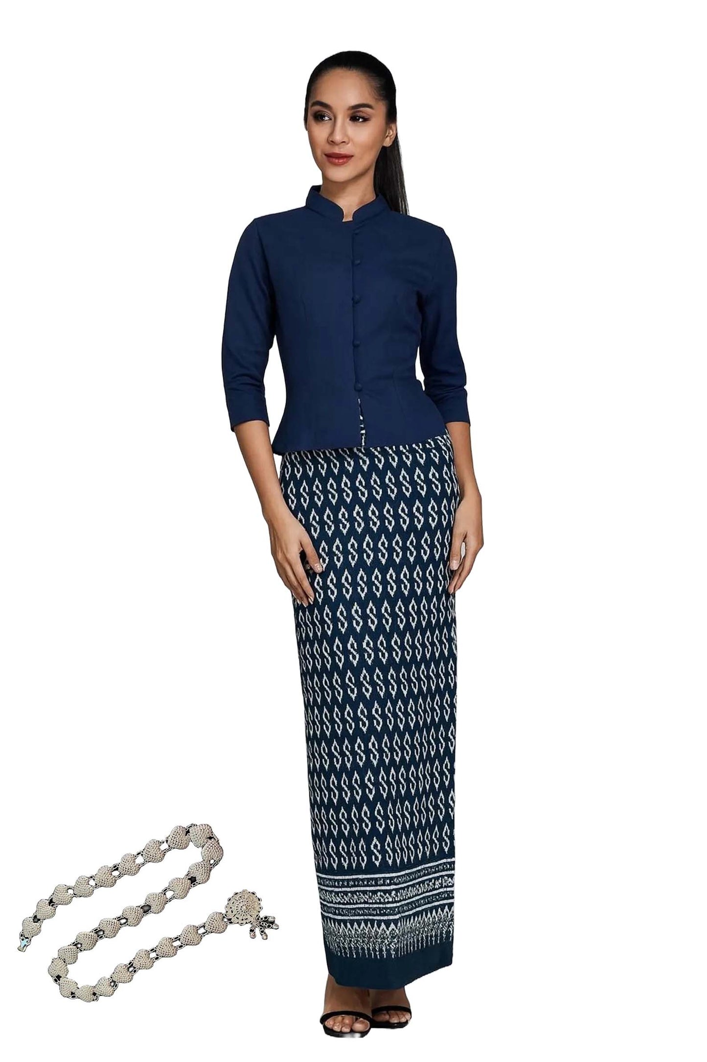 Elegant Blue Blouse & Traditional Thai Sarong Cotton Set β Womenβs Formal Outfit, Asian Ethnic Wear, Handmade Ikat Skirt, Cultural Clothing