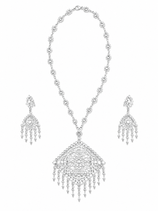 Authentic Thai wedding jewelry set in silver featuring an ornate statement necklace, matching earrings, engraved waist belt and traditional shoulder chain with clear gemstone accents. Inspired by classic Thai royal bridal jewelry, this luxury Thai accessory set is perfect for Thai weddings, cultural ceremonies, traditional dance, festivals, pageants and formal occasions. Amazon Etsy eBay Siam Regal