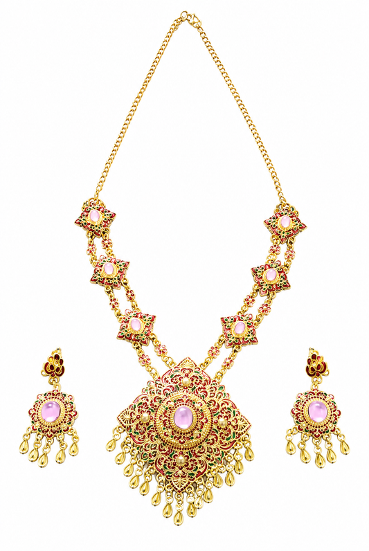 Authentic Thai wedding jewelry set in gold featuring an ornate statement necklace, matching earrings, engraved waist belt and traditional shoulder chain with pink gemstone accents. Inspired by classic Thai royal bridal jewelry, this luxury Thai accessory set is perfect for Thai weddings, cultural ceremonies, traditional dance, festivals, pageants and formal occasions. Amazon Etsy eBay Siam Regal