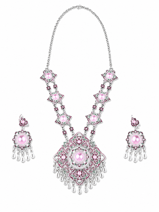 Authentic Thai wedding jewelry set in silver featuring an ornate statement necklace, matching earrings, engraved waist belt and traditional shoulder chain with pink gemstone accents. Inspired by classic Thai royal bridal jewelry, this luxury Thai accessory set is perfect for Thai weddings, cultural ceremonies, traditional dance, festivals, pageants and formal occasions. Amazon Etsy eBay Siam Regal