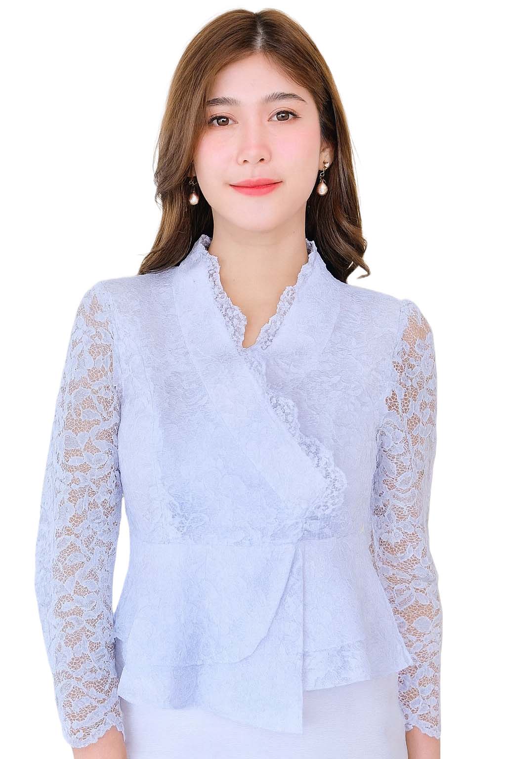 Siam Regal's Ladies Thai Silk Lace Blouse White Pear Button Asymmetrical Button Up