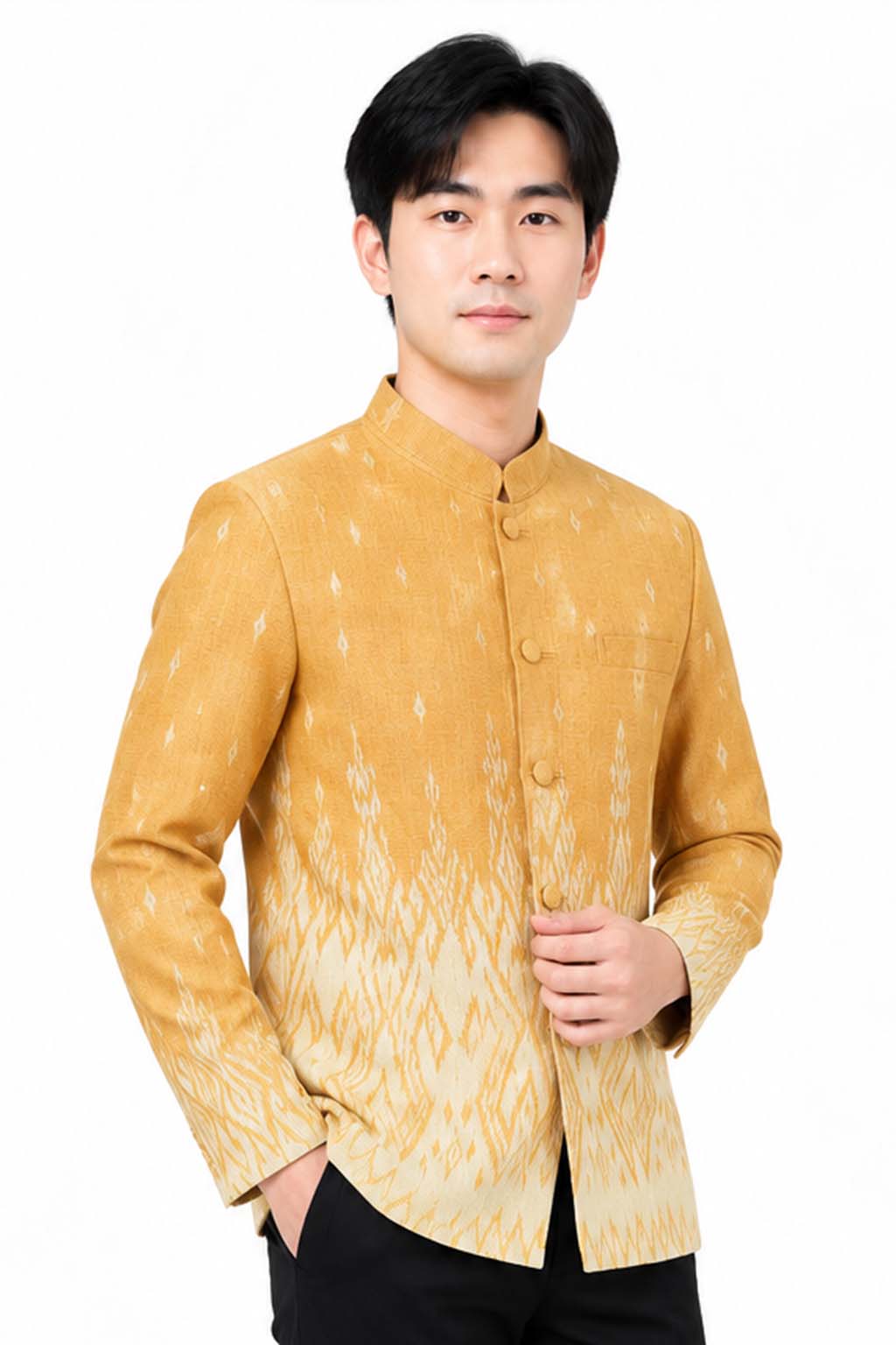 Men's Traditional Thai Jacket Pink Cotton Silk Blend Mandarin Collar Formal Wedding Shirt Thailand Cultural Ceremony Clothing