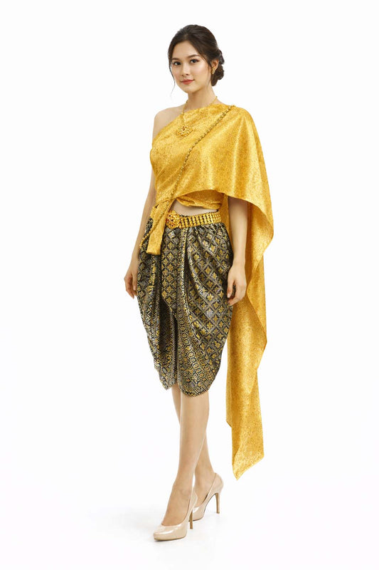 Ladies Thai Traditional Dress - Wedding Attire Formal Outfit Gold