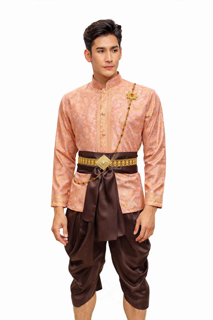 Men’s Traditional Thai Outfit – Pink & Brown 3 Piece Silk Wedding Set | Siam Regal 🇹🇭