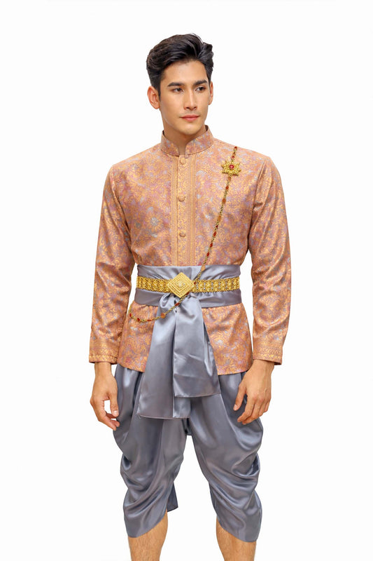 Men’s Traditional Thai Outfit – Pink & Grey 3 Piece Silk Wedding Set | Siam Regal 🇹🇭