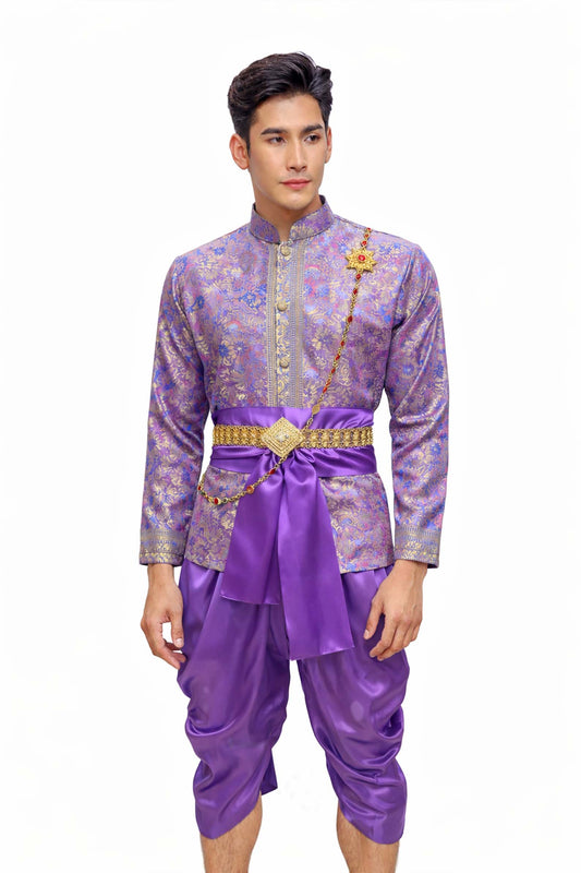 Men’s Traditional Thai Outfit – Purple 3 Piece Silk Wedding Set | Siam Regal 🇹🇭