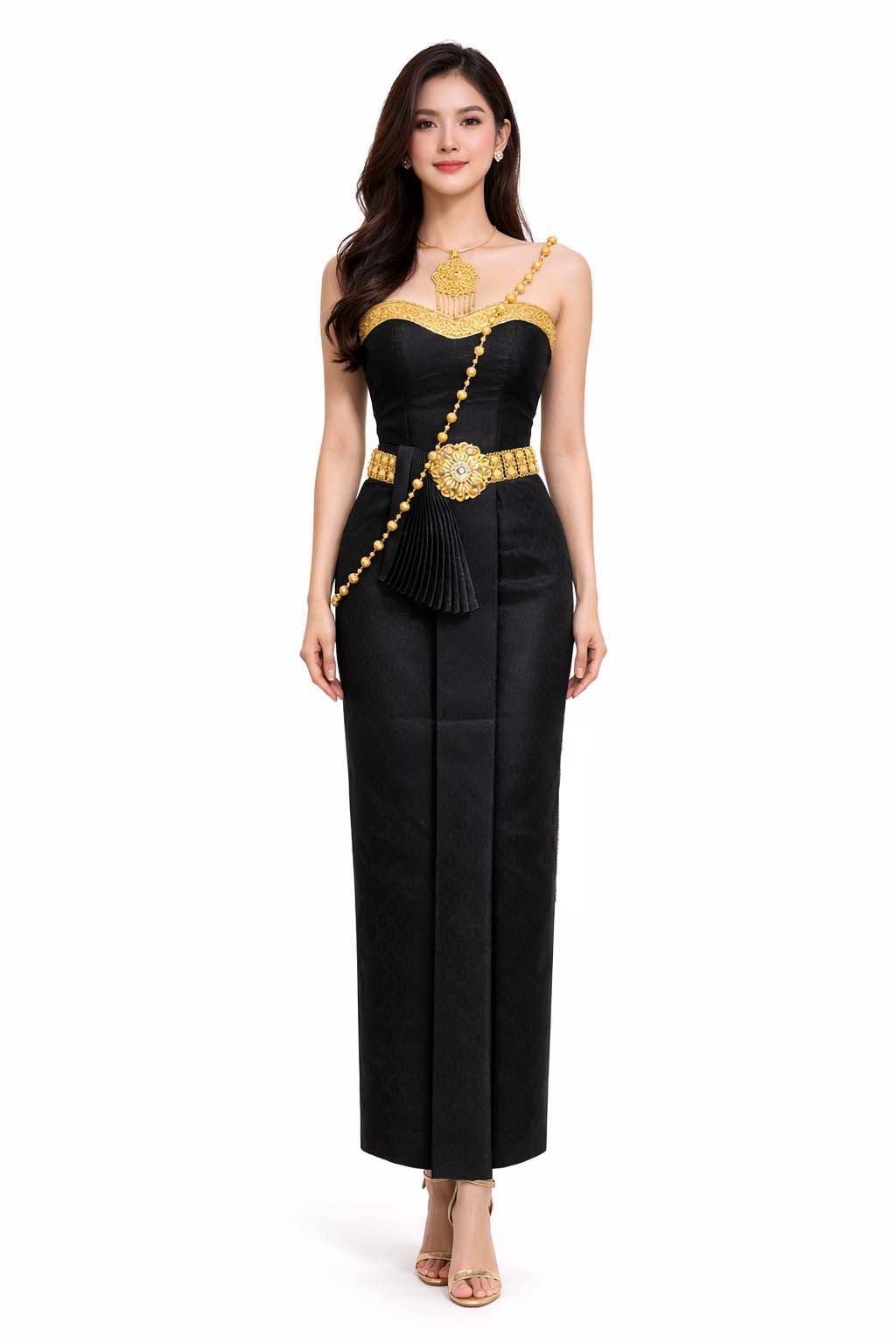 Thai Silk Wedding Guest Dress – Black Modern Thai Formal Outfit | Siam Regal