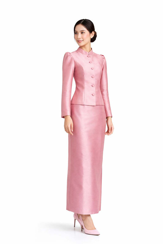 Ladies Nude Pink Elegant Thai Silk 2 Piece Outfit - Fitted Blouse & Skirt Formal Wedding Attire