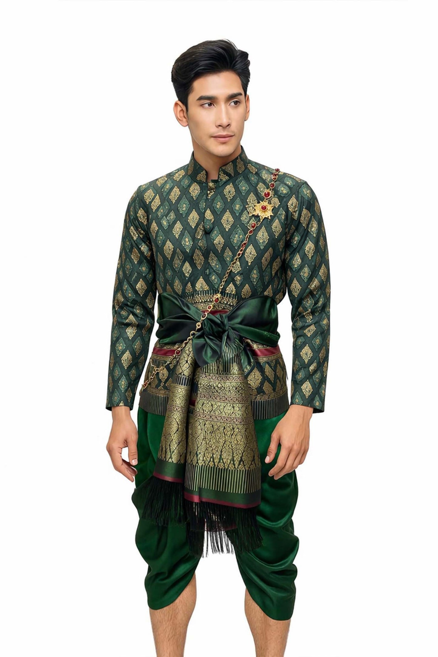 Thai Wedding Outfit For Men "Chut Thai" Green Silk Attire Traditional Formal Wear | Siam Regal