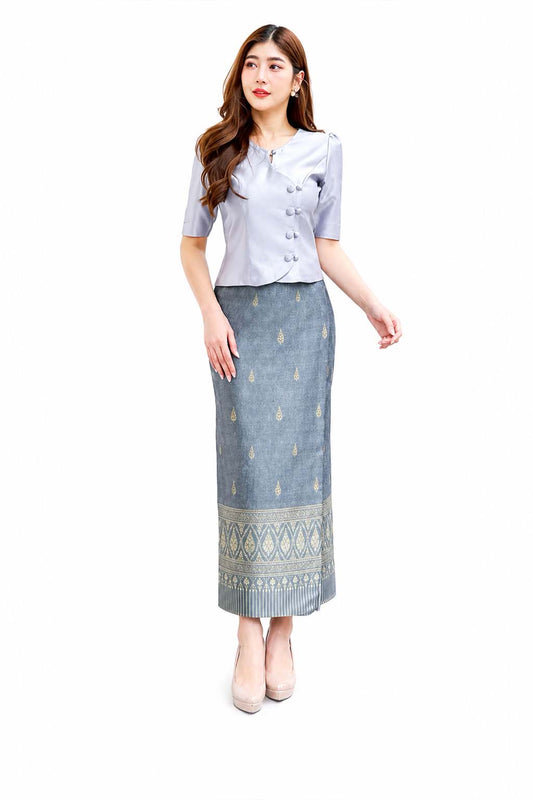 Grey Thai Traditional Women's Silk Style Blouse and Long Sarong Skirt Set – Elegant Thai Formal Outfit, Traditional Thai Dress, Wedding Guest, Temple Wear, Cultural Ceremony Attire, Thai National Costume