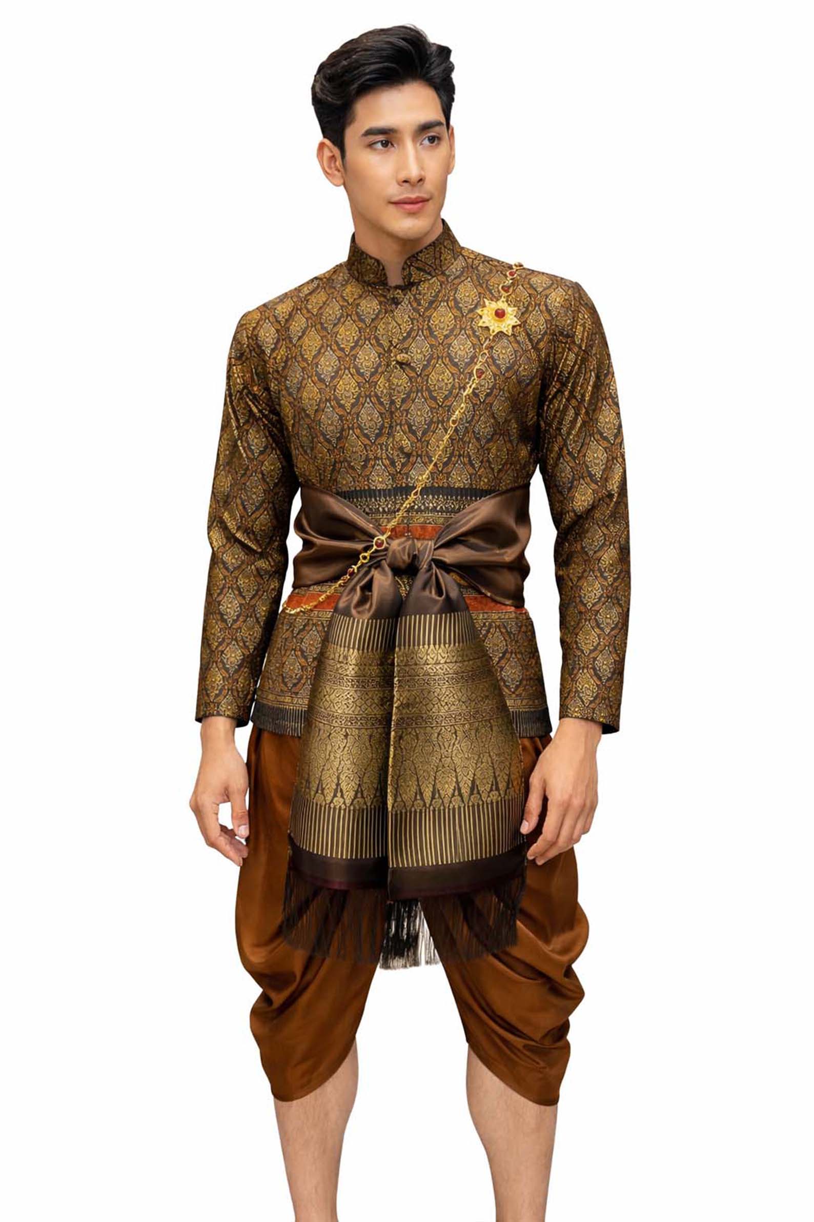 Thai Wedding Outfit For Men "Chut Thai" Golden Brown Silk Attire Traditional Formal Wear | Siam Regal