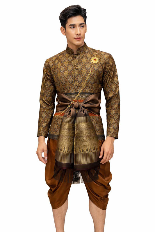 Thai Wedding Outfit For Men "Chut Thai" Golden Brown Silk Attire Traditional Formal Wear | Siam Regal