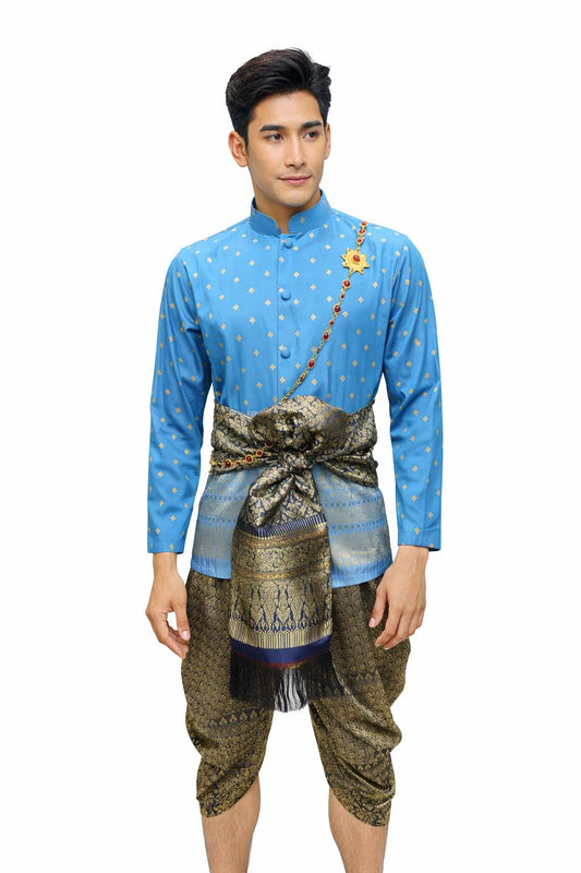 Thai Wedding Outfit For Men "Chut Thai" Sky Blue Silk Attire Traditional Formal Wear | Siam Regal