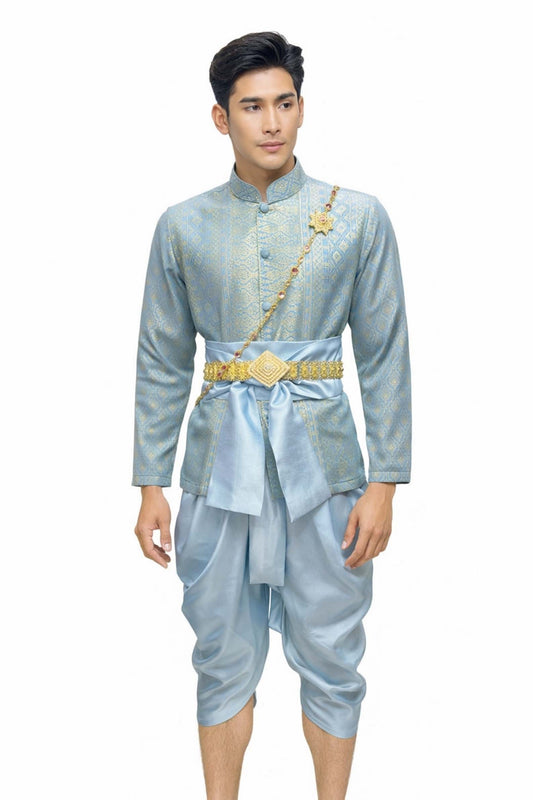 Thai Wedding Outfit For Men "Chut Thai" Sky Blue Silk Attire Traditional Formal Wear | Siam Regal