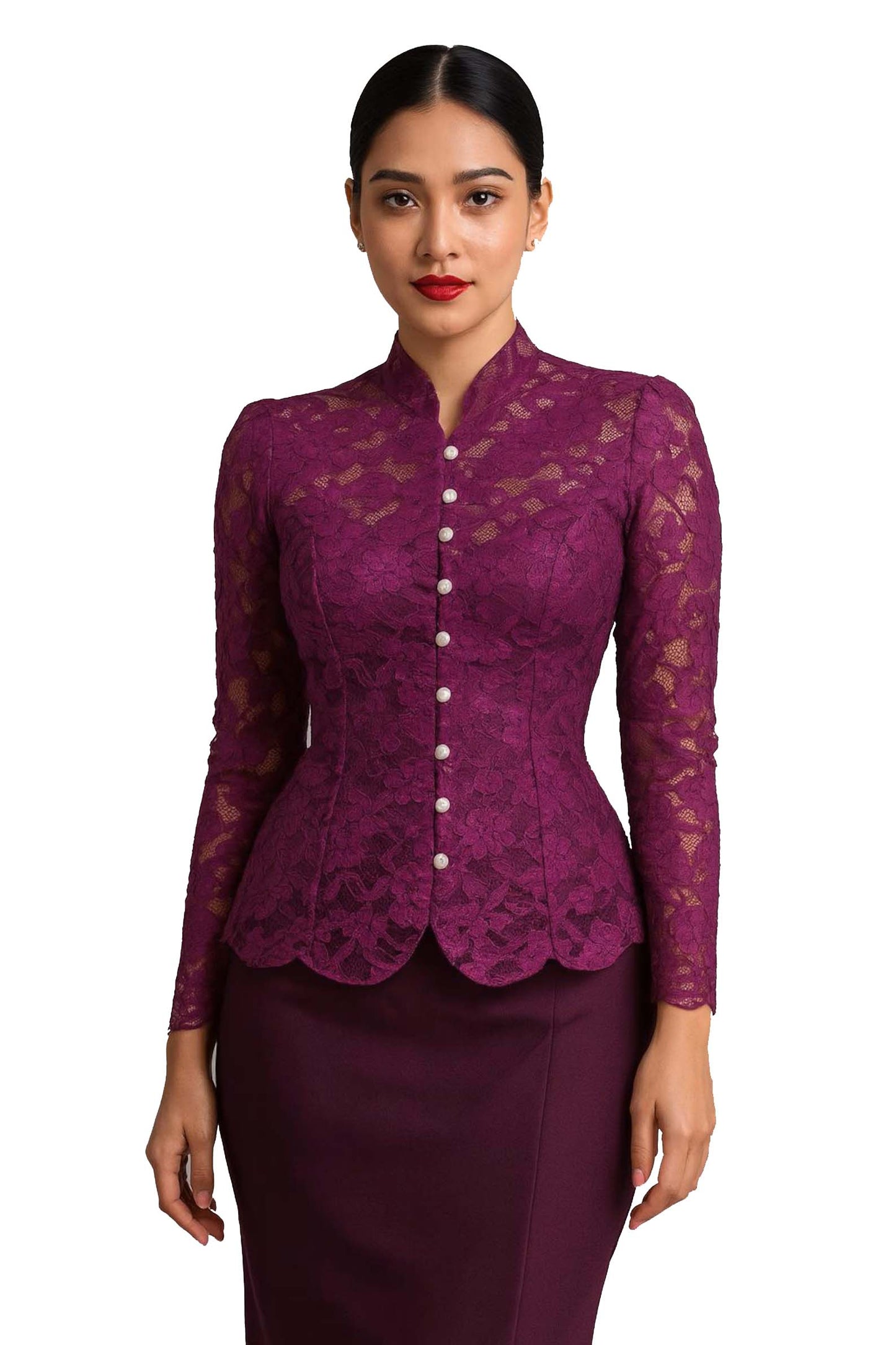 Siam Regal's Ladies Thai Silk Lace Blouse White Pear Button