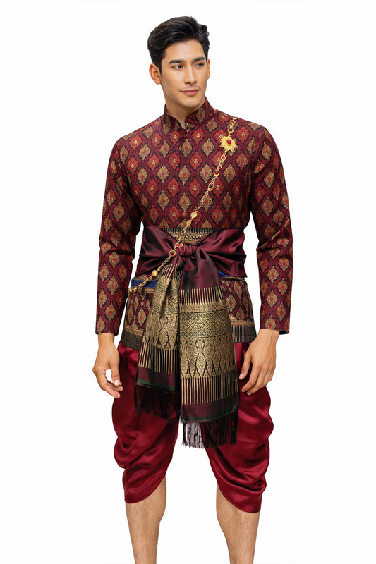 Thai Wedding Outfit For Men "Chut Thai" Maroon Silk Attire Traditional Formal Wear | Siam Regal