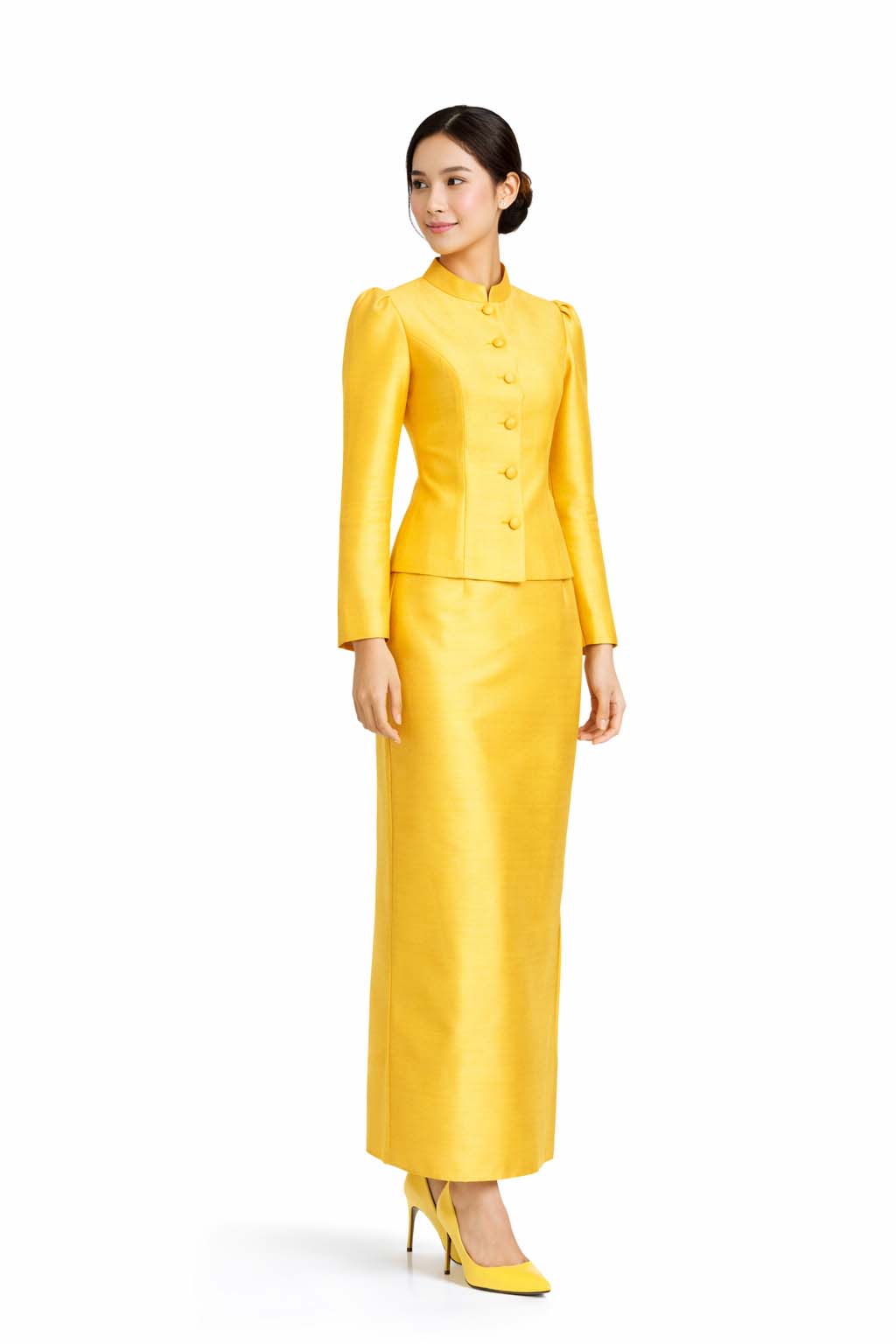 Ladies Light Yellow Elegant Thai Silk 2 Piece Outfit - Fitted Blouse & Skirt Formal Wedding Attire