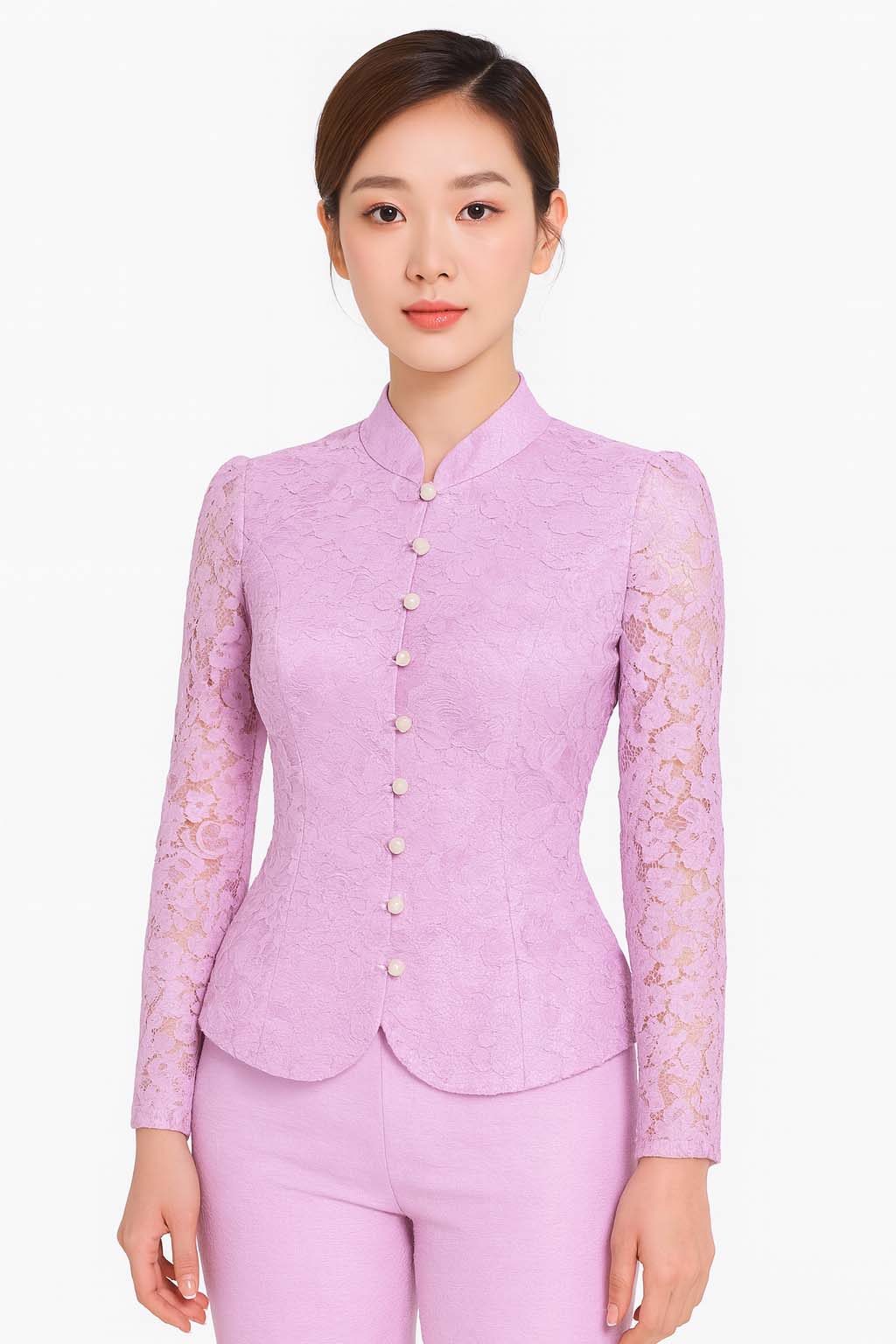 Siam Regal's Ladies Thai Silk Lace Blouse White Pear Button