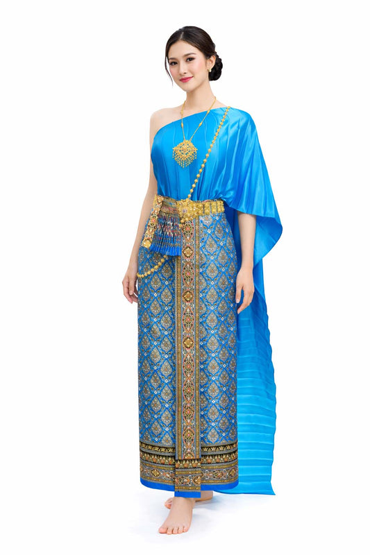Ladies Sky Blue Traditional Thai Outfit - 2 Piece Dress Set Sarong & Sash Wedding Formal Attire