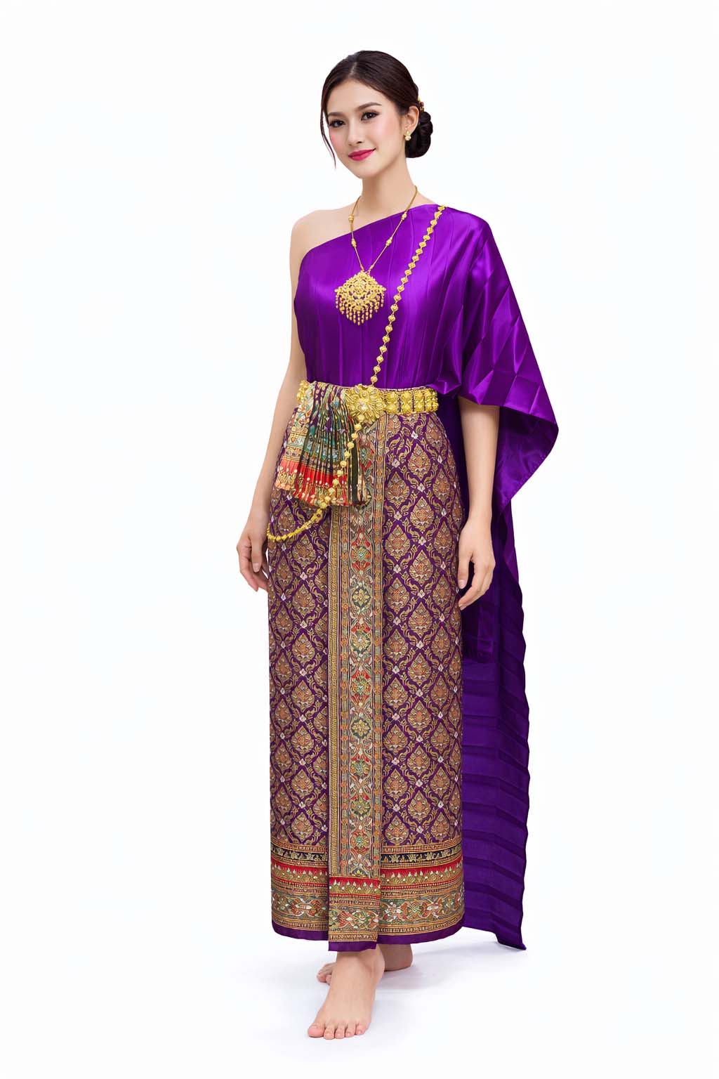 Ladies Purple Traditional Thai Outfit - 2 Piece Dress Set Sarong & Sash Wedding Formal Attire