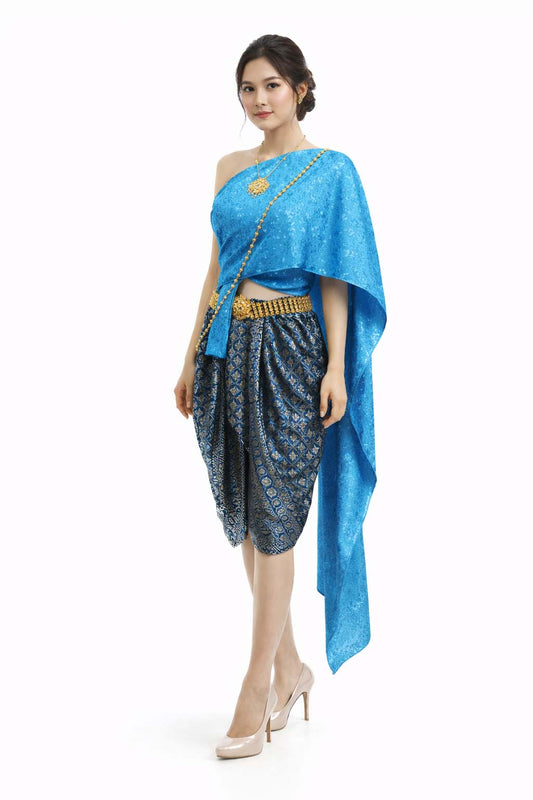 Ladies Thai Traditional Dress - Wedding Attire Formal Outfit Sky Blue