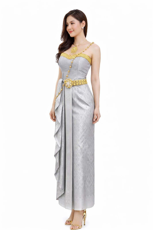 Thai Silk Wedding Dress – Light Gray Modern Thai Formal Outfit | Siam Regal 