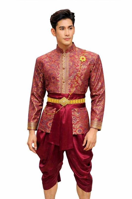 Men’s Traditional Thai Outfit – Maroon Red 3 Piece Silk Wedding Set | Siam Regal 🇹🇭