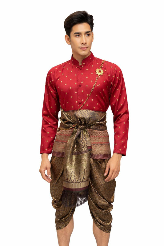 Thai Wedding Outfit For Men "Chut Thai" Red Silk Attire Traditional Formal Wear | Siam Regal