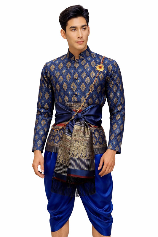 Thai Wedding Outfit For Men "Chut Thai" Royal Blue Silk Attire Traditional Formal Wear | Siam Regal