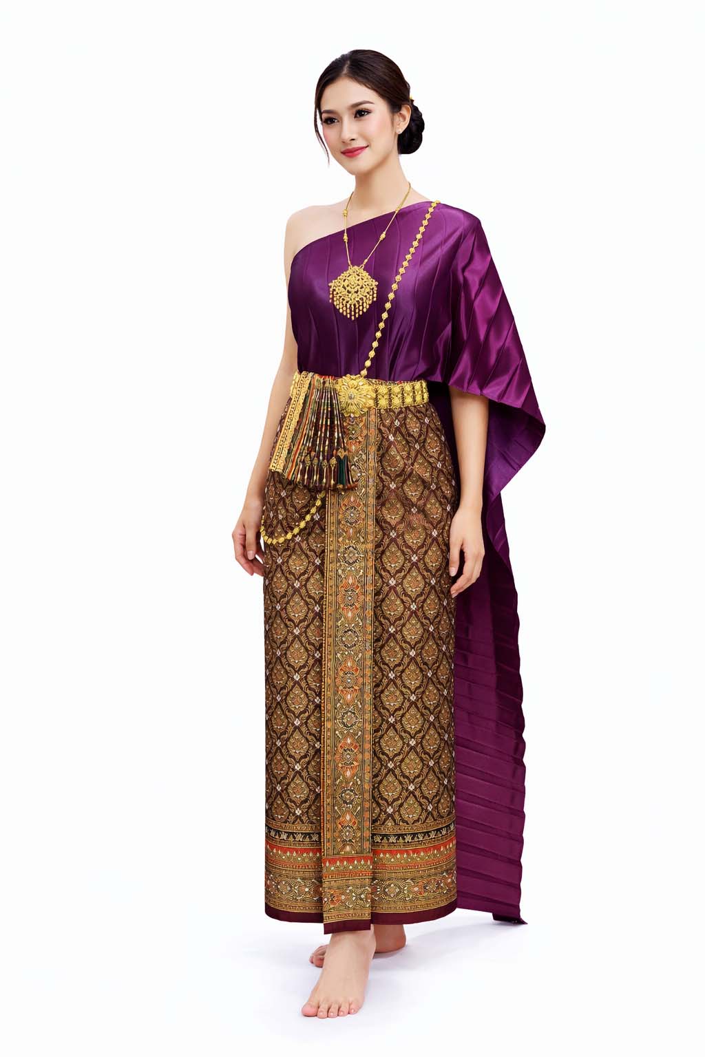 Ladies Mangosteen Traditional Thai Outfit - 2 Piece Dress Set Sarong & Sash Wedding Formal Attire