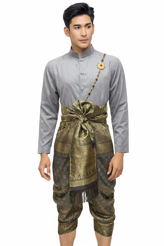 Thai Wedding Outfit For Men "Chut Thai" Dark Grey Silk Attire Traditional Formal Wear | Siam Regal