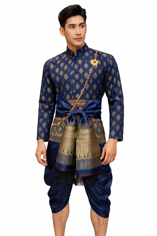 Thai Wedding Outfit For Men "Chut Thai" Navy Blue Silk Attire Traditional Formal Wear | Siam Regal