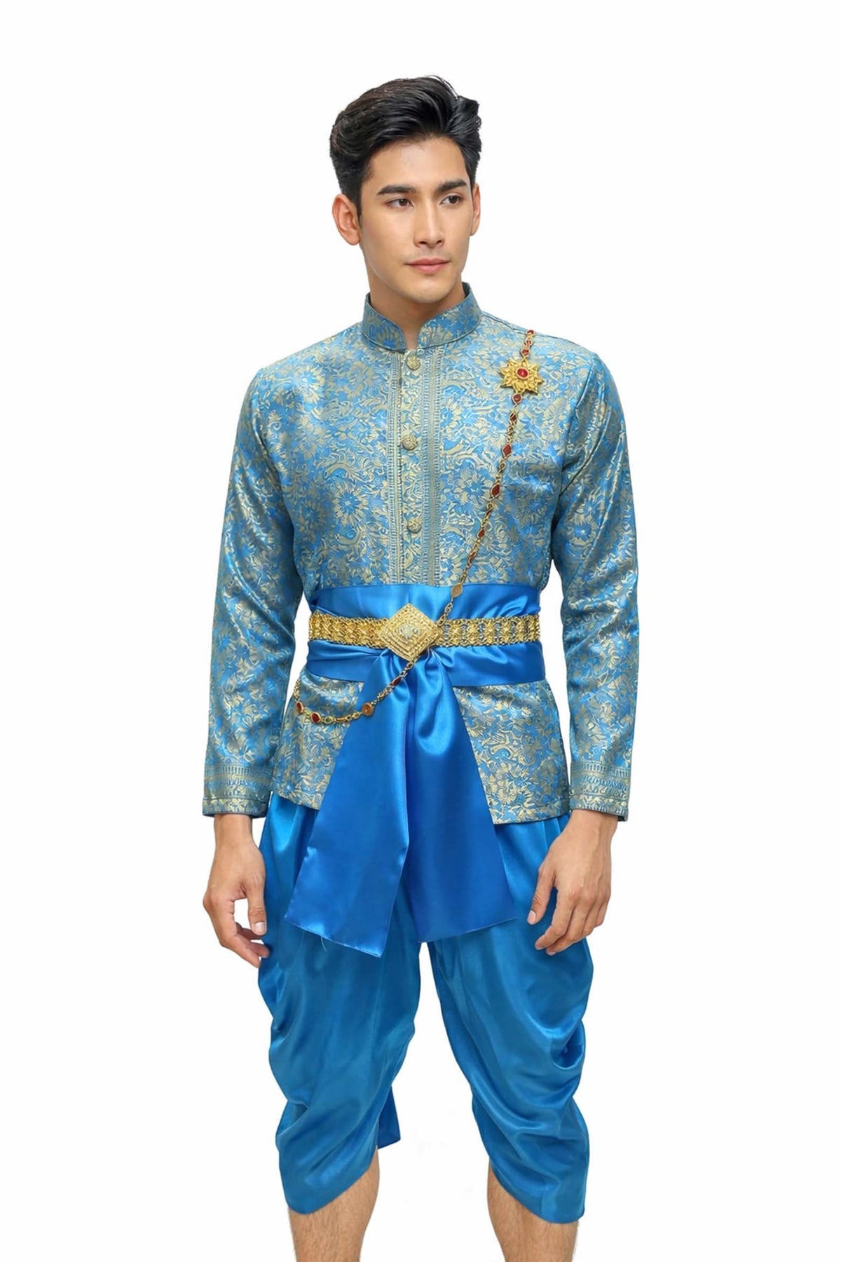 Men’s Traditional Thai Outfit – Sky Blue 3 Piece Silk Wedding Set | Siam Regal 🇹🇭